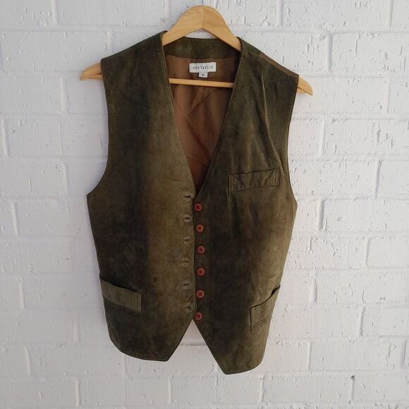 Ann Taylor Suede Vest Vtg Olive 90s Button Front Rodeo Country Western sz: M - Picture 1 of 10